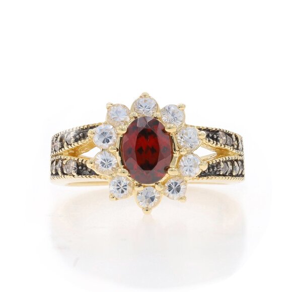 Yellow Gold Red & White Zircon & Diamond Halo Ring - 14k Oval 2.75ctw Flower